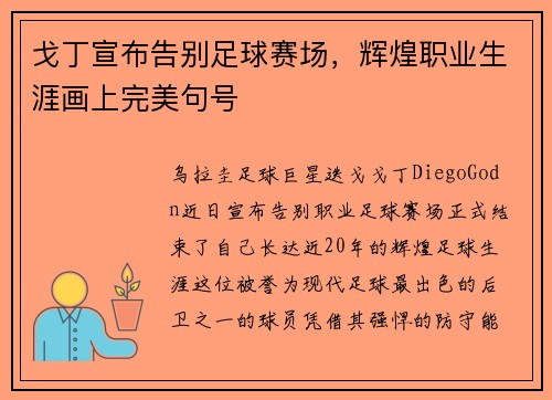 戈丁宣布告别足球赛场，辉煌职业生涯画上完美句号